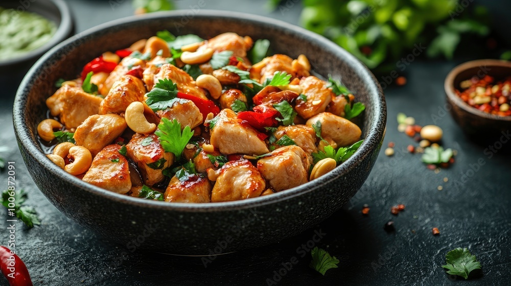 Fototapeta premium Delicious Chinese Chicken Stir-fry with Cashews and Chili Peppers in a Black Bowl
