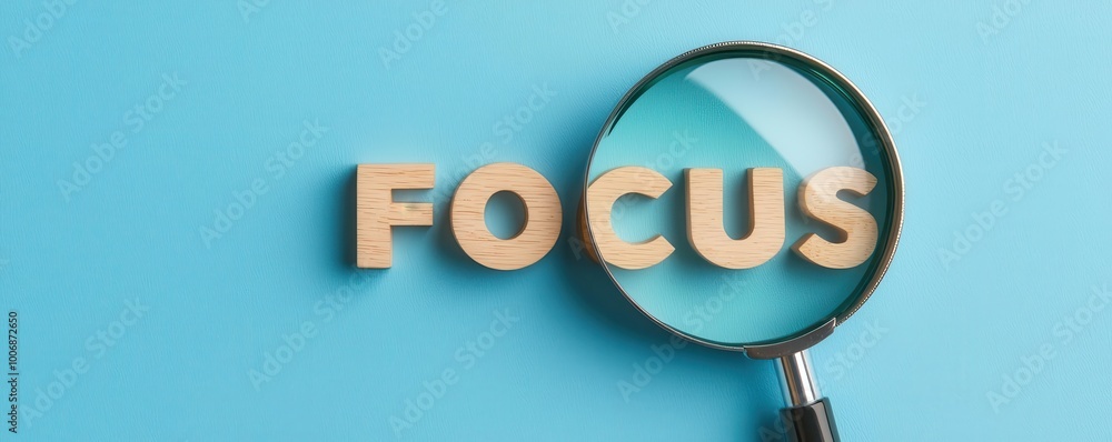 Word focus with a magnifying glass on blue background, symbolizing clarity and attention. Word focus with a magnifying glass on blue background, symbolizing clarity and attention.