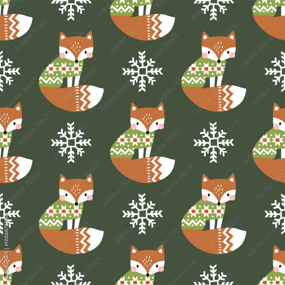 Fototapeta premium Seamless vector pattern with cute fox in winter clothes. Hand drawn Nordic background. EPS 10 vector file. Perfect for textile, wallpaper or nursery print design.