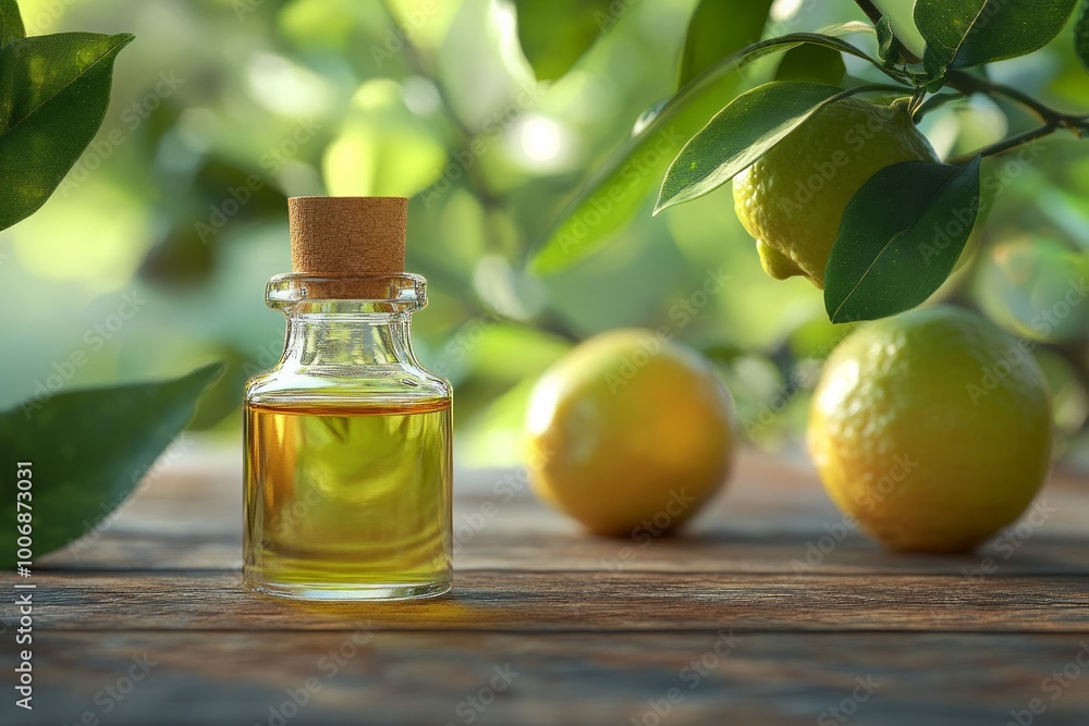 Lemon essential oil on the wooden table in the garden. Lemon tree on the background and some lemons lying around. Concept: aromatherapy and relaxing, eco product Lemon essential oil on the wooden table in the garden. Lemon tree on the background and some lemons lying around. Concept: aromatherapy and relaxing, eco product
