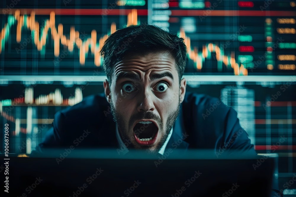 Terrified Trader Surrounded by Chaotic Market Charts and Data Terrified Trader Surrounded by Chaotic Market Charts and Data