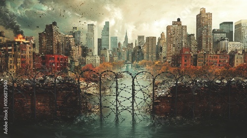 City Divided by Barbed Wire and Ruins