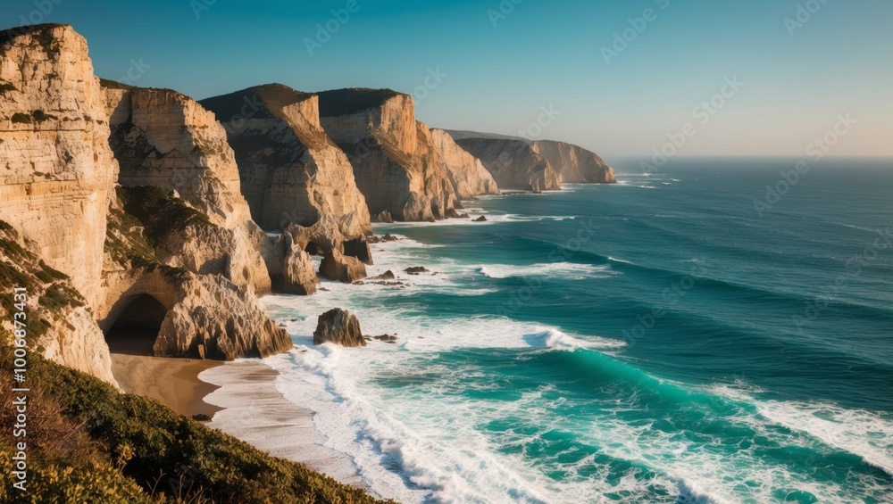 Dramatic coastal cliffs with turquoise sea in Portugal. Dramatic coastal cliffs with turquoise sea in Portugal.