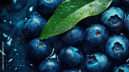 Fresh Blueberries with Green Leaves Close-Up. Heart-Healty concept, Heart-Check Certified Fruits. photo