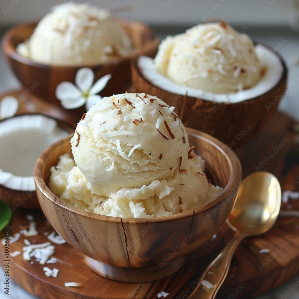Enjoy a Delicious and Creamy Coconut Ice Cream Presented Beautifully in Wooden Bowls Enjoy a Delicious and Creamy Coconut Ice Cream Presented Beautifully in Wooden Bowls