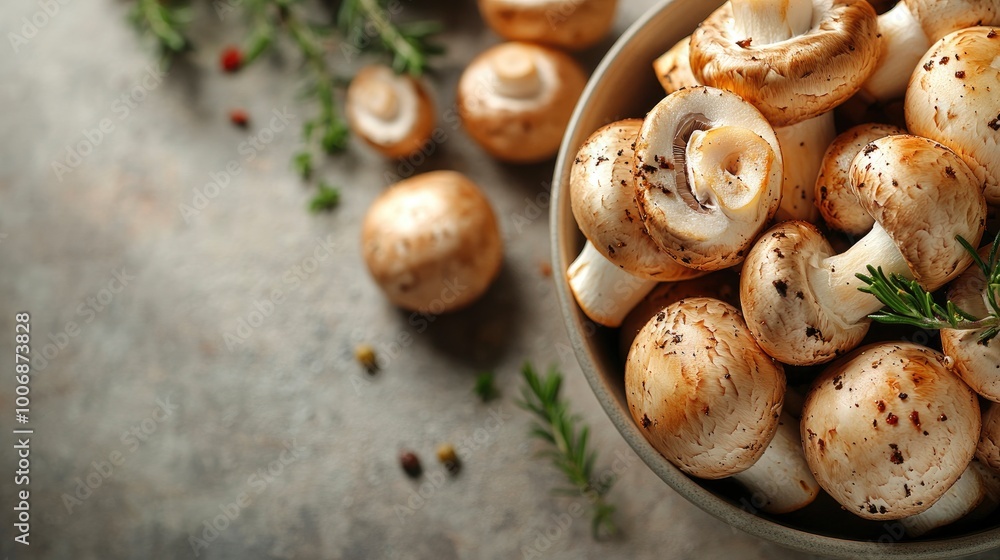 Fresh Button Mushrooms in a Bowl with Herbs Fresh Button Mushrooms in a Bowl with Herbs