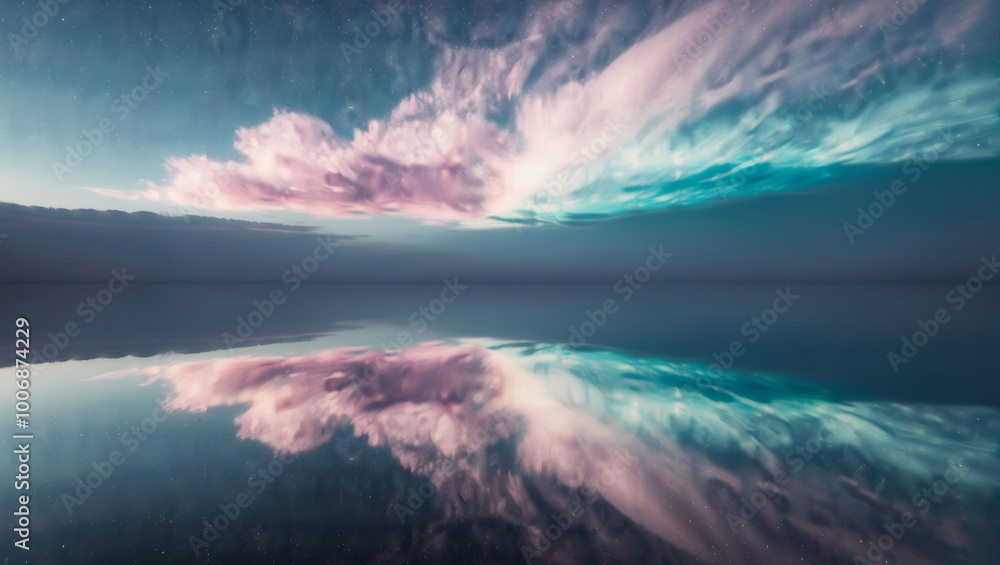 Naklejka premium Gradient colorful cloud starry sky and water reflection.