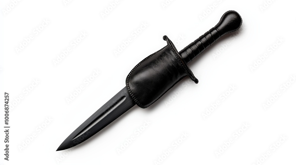 Black Dagger: A sleek, black dagger with a leather sheath, captured in a high-resolution studio shot. Its simple elegance and sharp lines create a sense of mystery and power. Black Dagger: A sleek, black dagger with a leather sheath, captured in a high-resolution studio shot. Its simple elegance and sharp lines create a sense of mystery and power.