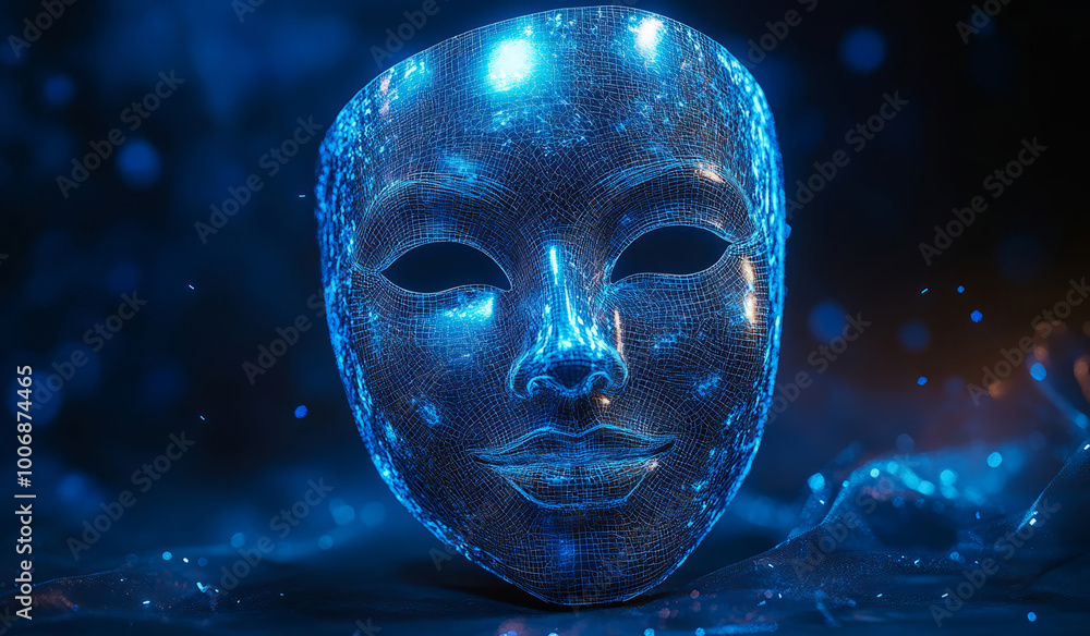 Glowing Digital Mask in a Futuristic Blue Night Composition Glowing Digital Mask in a Futuristic Blue Night Composition