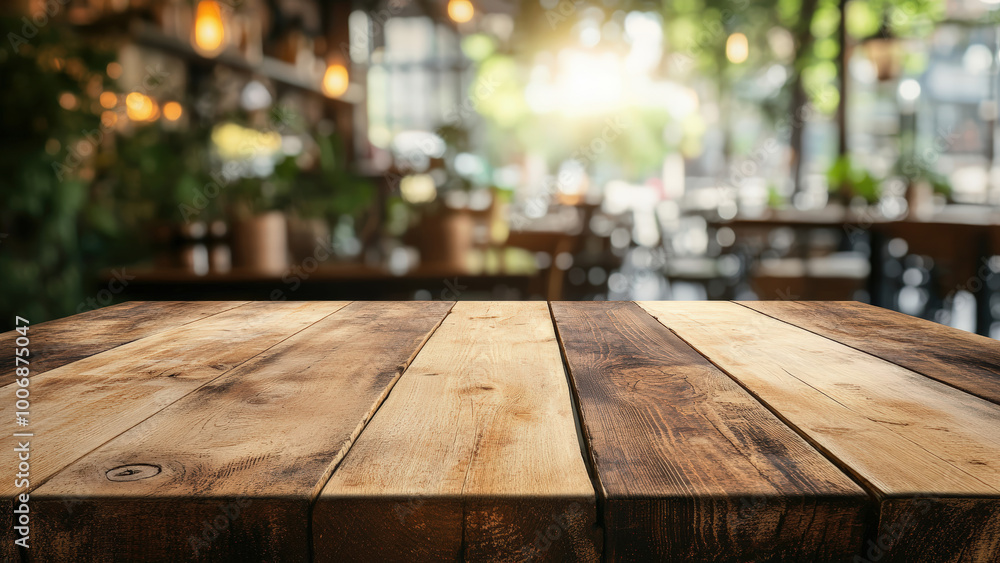 Wooden table in the foreground with a blurred background of a cozy bar with warm lighting. Wooden table in the foreground with a blurred background of a cozy bar with warm lighting.