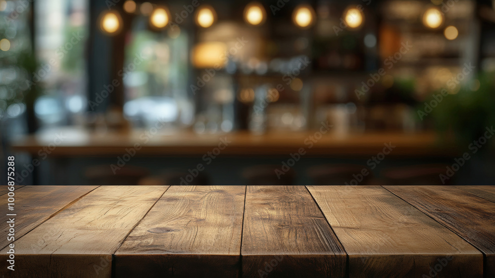 Wooden table in the foreground with a blurred background of a cozy bar with warm lighting. Wooden table in the foreground with a blurred background of a cozy bar with warm lighting.
