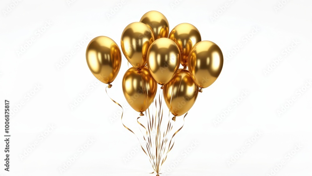 A cluster of shiny gold balloons floating with ribbons. A cluster of shiny gold balloons floating with ribbons.