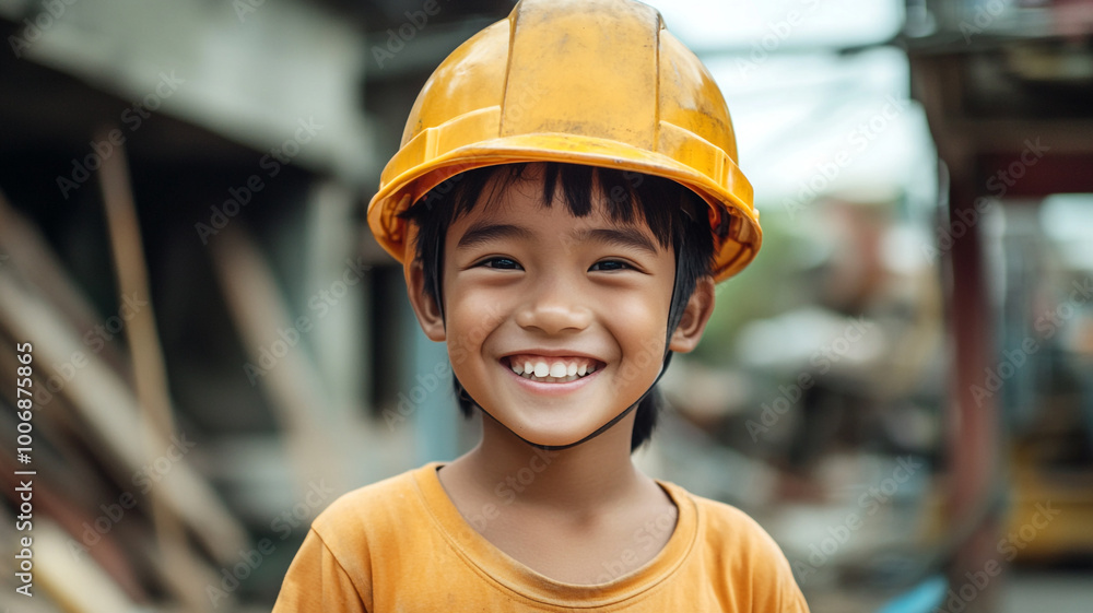A smiling boy wearing a construction helmet A smiling boy wearing a construction helmet