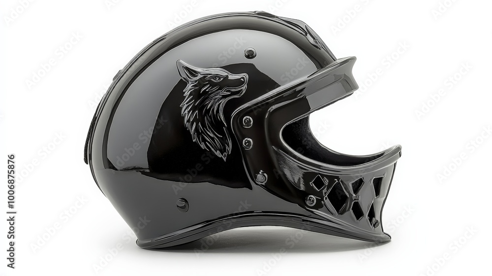 Fototapeta premium Black Knight Motorcycle Helmet with Wolf Emblem 