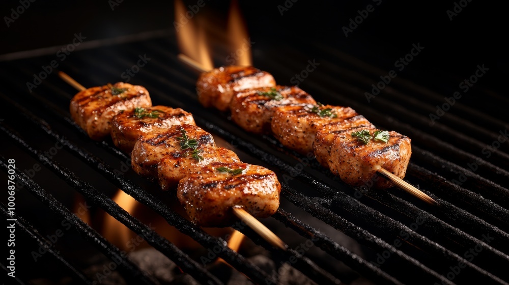 Succulent chicken skewers marinated in flavorful herbs and spices are grilled over charcoal, showcasing charred grill marks and flickering flames, inviting an appetizing experience Succulent chicken skewers marinated in flavorful herbs and spices are grilled over charcoal, showcasing charred grill marks and flickering flames, inviting an appetizing experience