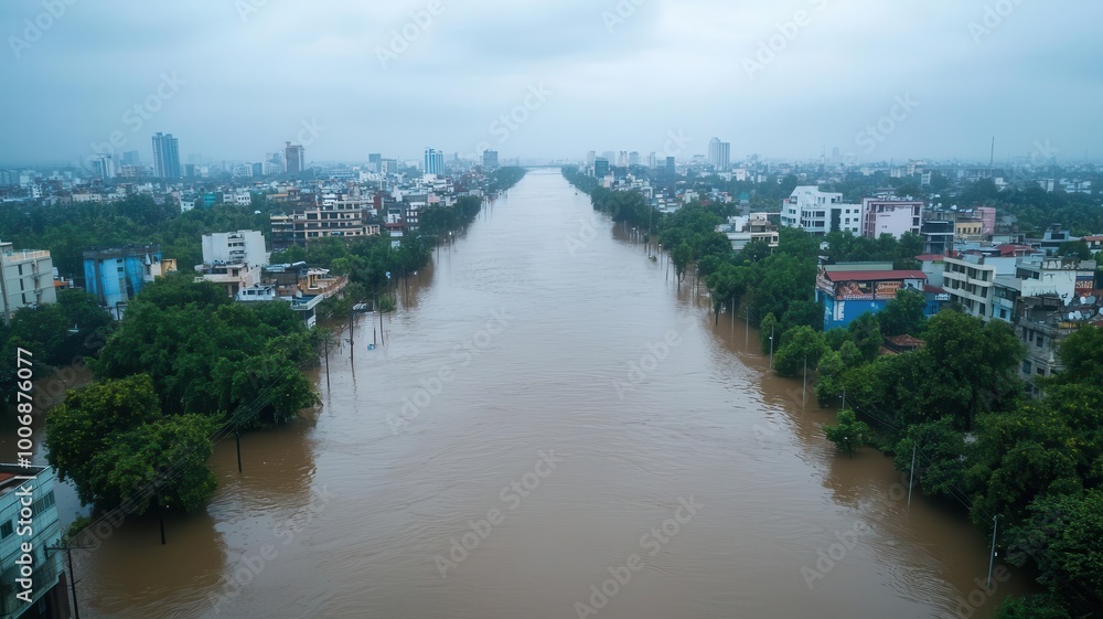 Monsoon rains triggering floods in an urban area, with streets turning into rivers monsoon flooding, city disaster Monsoon rains triggering floods in an urban area, with streets turning into rivers monsoon flooding, city disaster