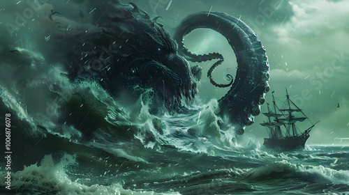 Fantasy scene with kraken cthulhu of giant octopus and ship in the sea. Horror concept. 3D Rendering	
