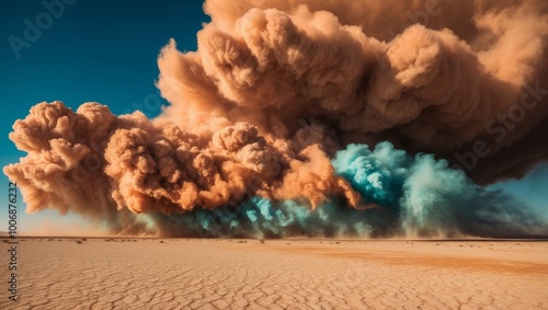 a large cloud of dust is blowing across a desert. photo