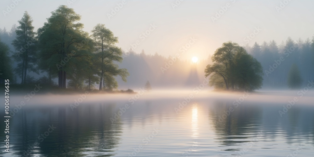 Fototapeta premium Misty Sunrise Over a Tranquil Forest Lake.