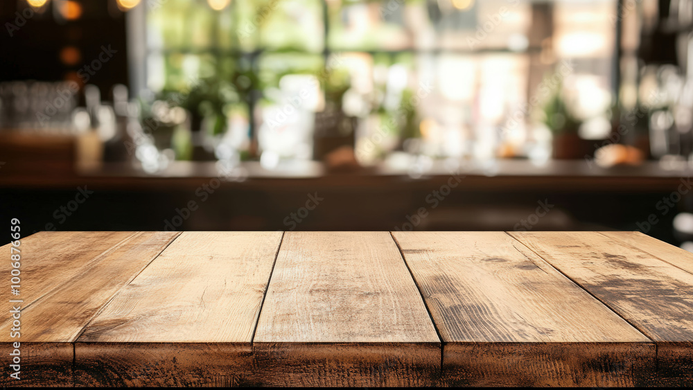 Wooden table in the foreground with a blurred background of a cozy bar with warm lighting. Wooden table in the foreground with a blurred background of a cozy bar with warm lighting.