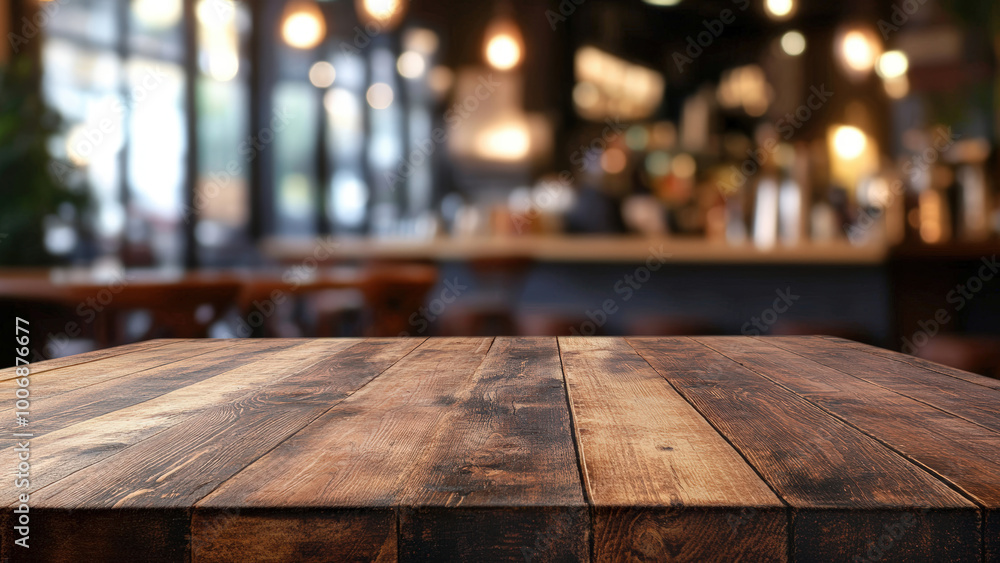 Wooden table in the foreground with a blurred background of a cozy bar with warm lighting.