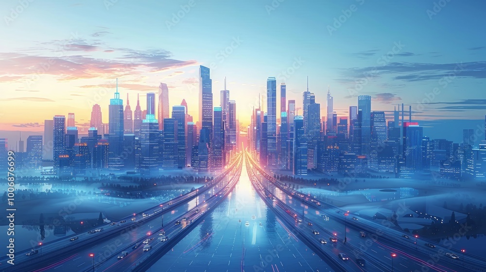 Fototapeta premium Future city futuristic Modern architecture towers and skyscrapers and green plants along empty road green smart city landscape illustration