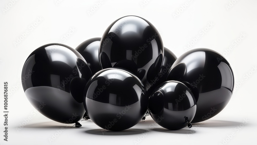 A cluster of shiny black balloons arranged artistically on a light background. A cluster of shiny black balloons arranged artistically on a light background.