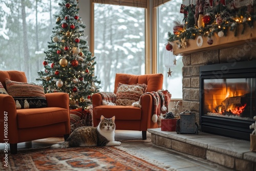 a festive living room with a crackling fireplace, cozy armchairs, a glittering christmas tree, and a fluffy cat by the hearth ideal for a christmas-themed banner photo