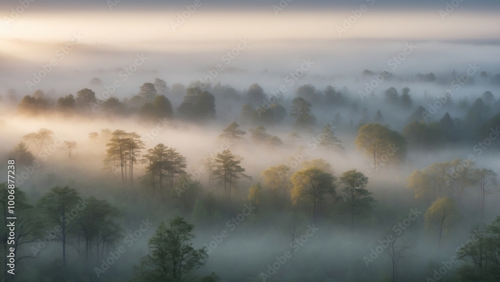 Fototapeta premium Panoramic view of misty forest in the morning with sunbeams.