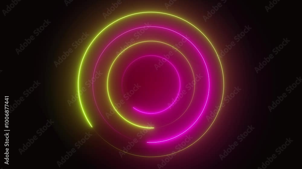 Neon abstract background with circle and red and blue lights moving around it. Slow turn. Shiny disc. Abstract footage video. Black background. Neon abstract background with circle and red and blue lights moving around it. Slow turn. Shiny disc. Abstract footage video. Black background.