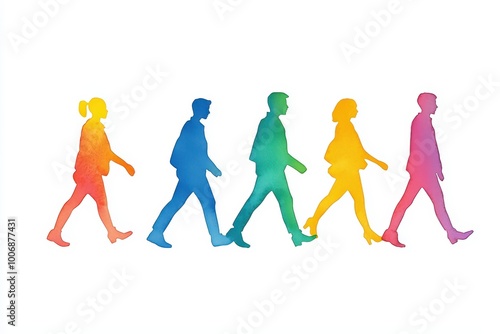 Colorful silhouettes of diverse people walking in harmony, isolated on a white background.