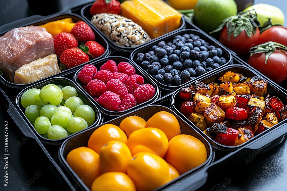 A hyper-detailed shot of a meal prep setup, featuring containers of vibrant fruits, lean proteins, and roasted vegetables arranged for a balanced meal plan. A hyper-detailed shot of a meal prep setup, featuring containers of vibrant fruits, lean proteins, and roasted vegetables arranged for a balanced meal plan.