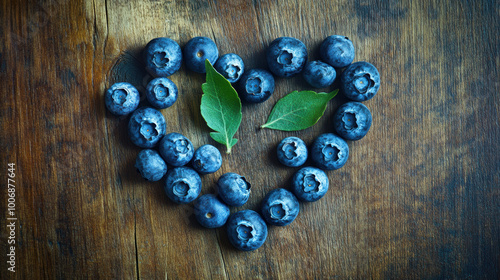 Heart-Shaped Blueberry Arrangement on Rustic Wooden Background. Heart-Healty concept, Heart-Check Certified Fruits. photo