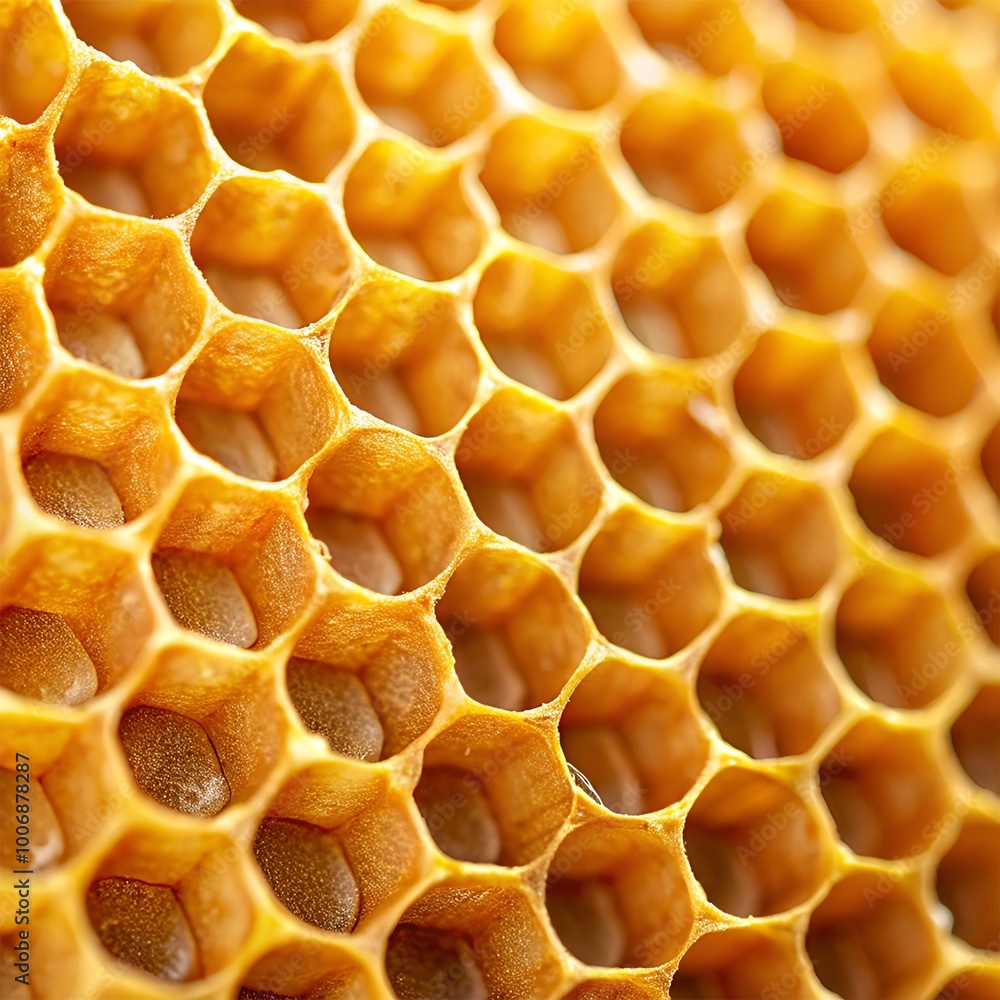 Close-up of yellow honeycomb with hexagonal cells, filled with brown honey and moisture, uneven edges, contrastive background and focused lighting