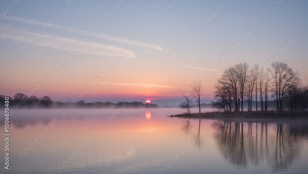 The image shows a beautiful sunrise over a lake. The image shows a beautiful sunrise over a lake.