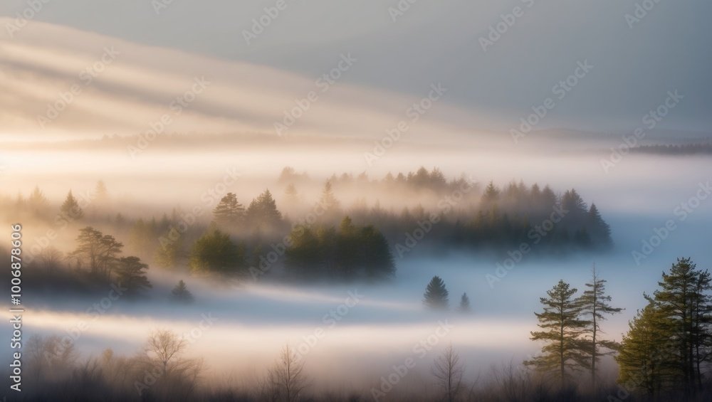 Panoramic image of a foggy forest with sunbeams. Panoramic image of a foggy forest with sunbeams.