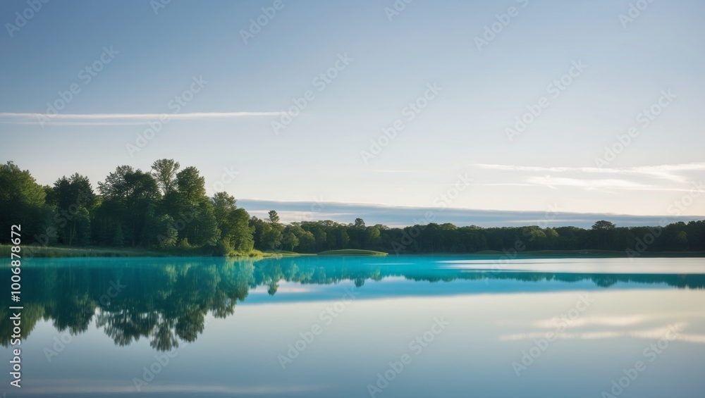 A serene lake scene with a clear blue surface and a white sky in the background. A serene lake scene with a clear blue surface and a white sky in the background.