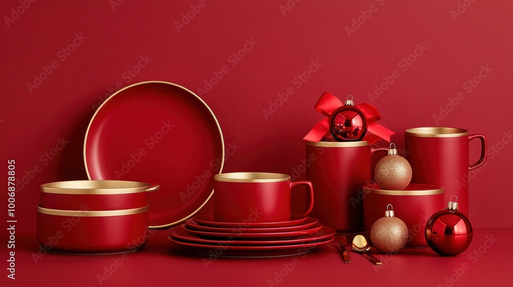 Elegant red dinnerware set with gold accents, perfect for festive occasions, displayed against a rich red background. Elegant red dinnerware set with gold accents, perfect for festive occasions, displayed against a rich red background.