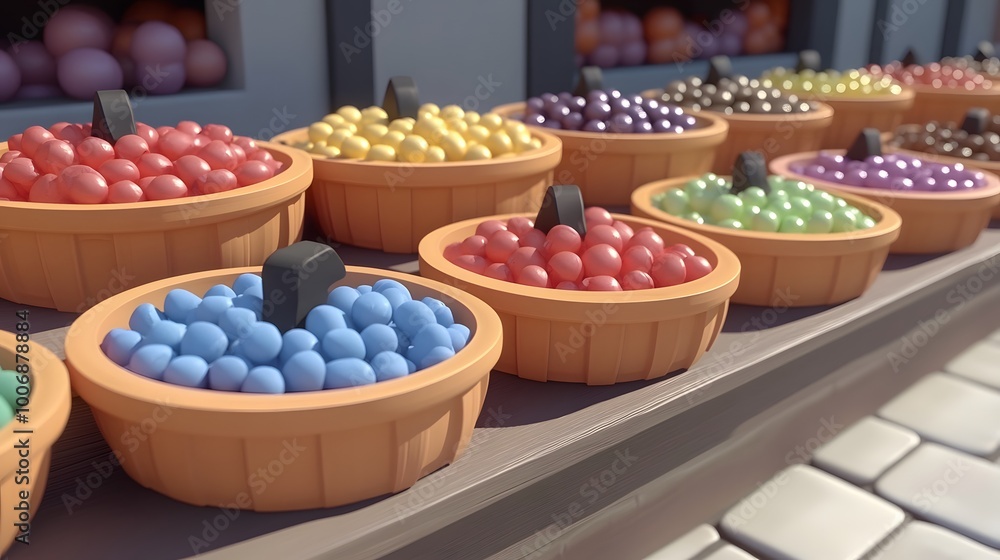 Colorful baskets of round candy, creating a vibrant and inviting display. Colorful baskets of round candy, creating a vibrant and inviting display.