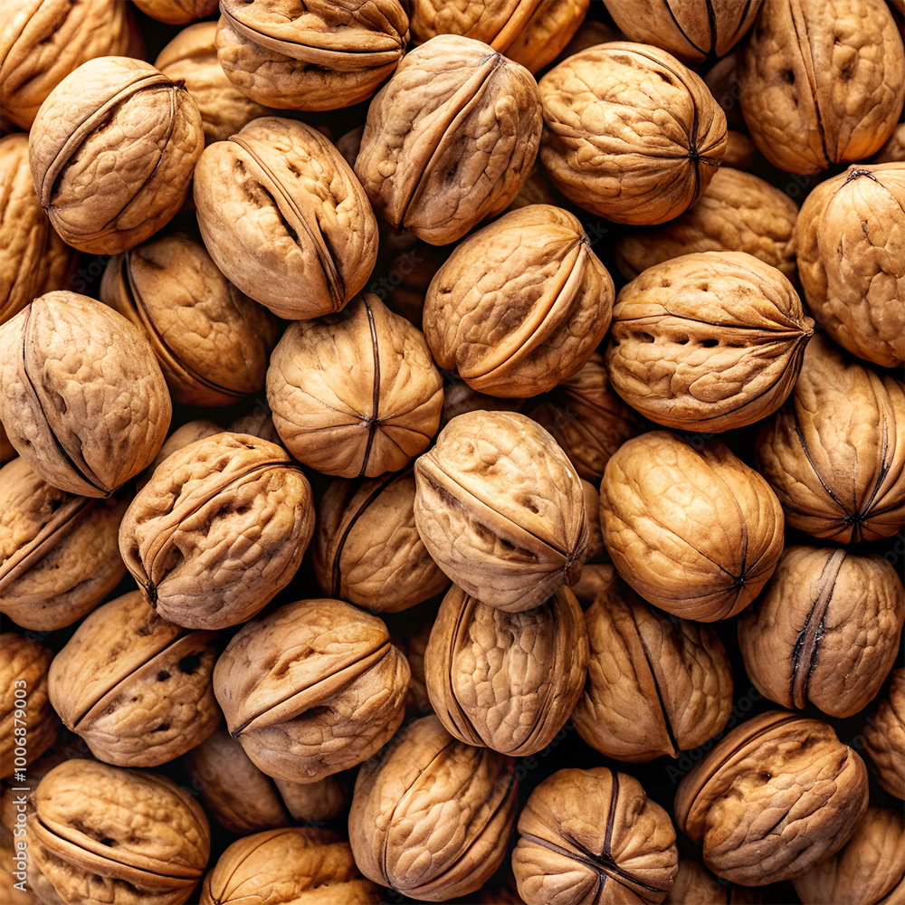 Collection of walnuts in shells arranged in a semi-circle, pure white background, fresh and natural appearance Collection of walnuts in shells arranged in a semi-circle, pure white background, fresh and natural appearance