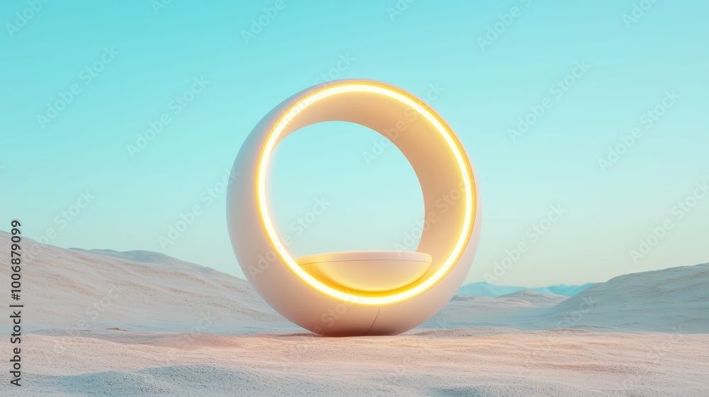 Futuristic circular structure with soft glowing light on a serene sandy landscape under a clear blue sky. Futuristic circular structure with soft glowing light on a serene sandy landscape under a clear blue sky.