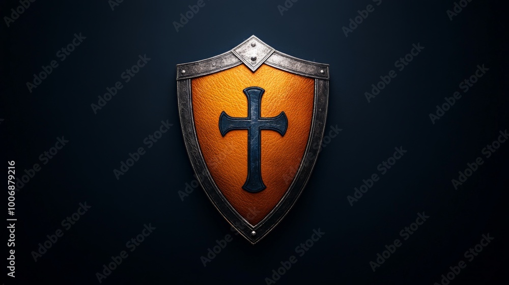 The Crusader's Shield: A weathered, metal shield with a bold black cross on an orange background, set against a dark backdrop. This image evokes themes of faith, protection, and strength. The Crusader's Shield: A weathered, metal shield with a bold black cross on an orange background, set against a dark backdrop. This image evokes themes of faith, protection, and strength.
