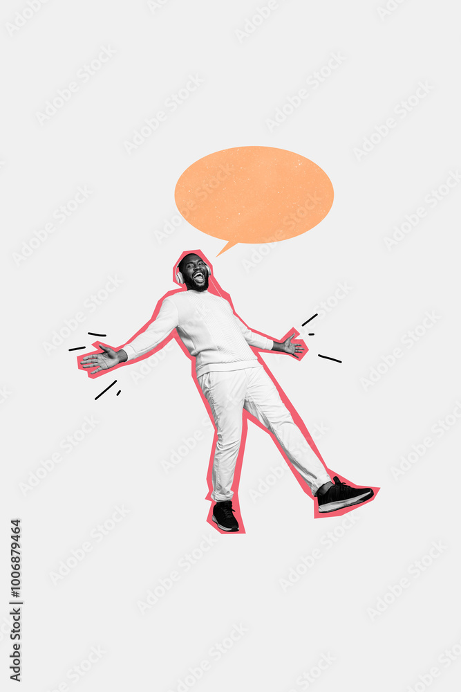 Obraz premium Composite trend artwork sketch image photo collage of empty space silhouette young african man lying down talk speech cloud bulb chatting