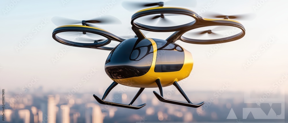 Futuristic flying vehicle soaring high above a city skyline during sunset. Futuristic flying vehicle soaring high above a city skyline during sunset.