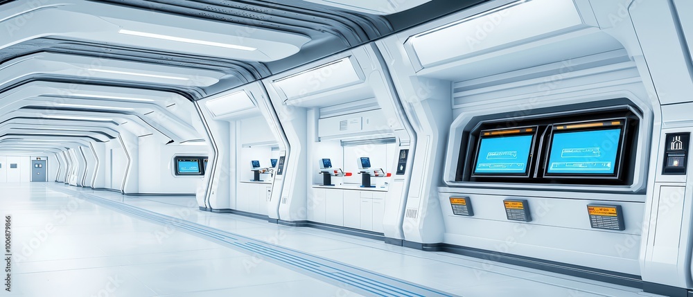 Futuristic interior of a high-tech facility with sleek, modern design and digital interfaces. Futuristic interior of a high-tech facility with sleek, modern design and digital interfaces.