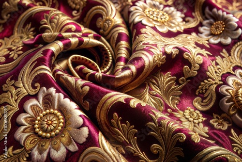 Burgundy and gold fabric with intricate floral pattern