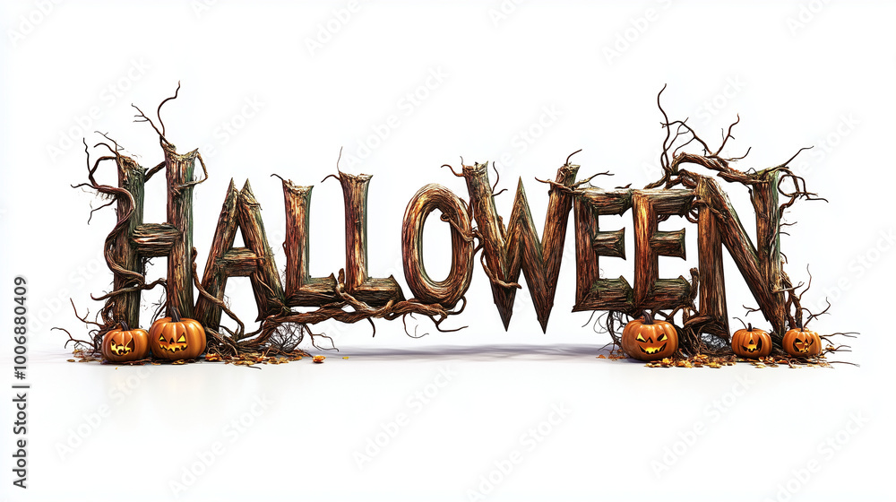 A rustic logo with the text HALLOWEEN made from twisted branches, wooden beams, and pumpkin vines, placed on a clean white background