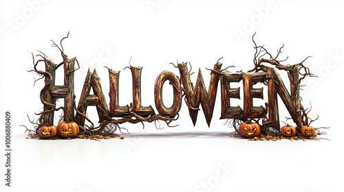 Obraz na płótnie A rustic logo with the text HALLOWEEN made from twisted branches, wooden beams, and pumpkin vines, placed on a clean white background w salonie