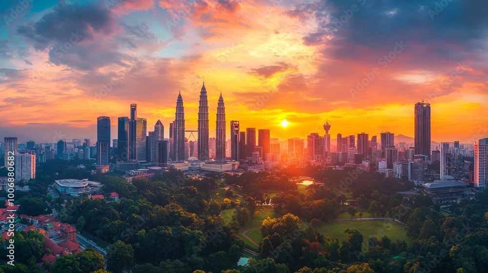 Fototapeta premium Serene view of a Kuala Lumpur city skyline bathed in the warm glow of sunset,
