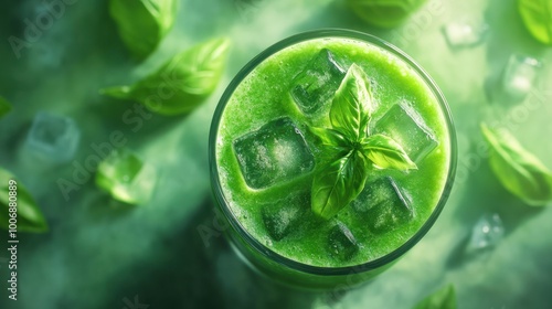 Top view of a vibrant green basil smoothie with ice cubes, garnished with fresh basil